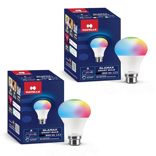 Havells Glamax 12W B22 WiFi LED Smart Bulb with Music Sync Function, Compatible with Amazon Alexa and Google Assistant (16M Colours) (Pack of 2)