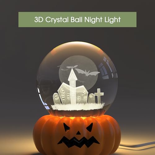 Image of L LOHAS LED 3D Crystal Ball Night Light-Laser Engraved Haunted House Bat | Pumpkin Base, Cute & Funny Halloween Night Light for Kids, 3000K Warm White for Halloween Party Decor