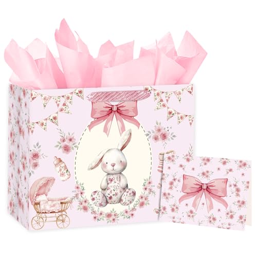 Loveinside 13 Large Baby Girl Gift Bag Pink Floral Bunny Gift Bag with Tissue Paper & Card for Baby Shower Newborn Girl First Birthday Baby Celebrations 13 x 5 x 10 1 Pcs