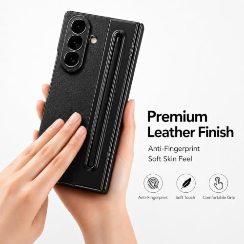 Image of amazon basics Premium Genuine Leather Case for Samsung Galaxy Z Fold 8 Ultra - Slim Fit Luxury Business Cover with Built-in S Pen Slot & Magnetic Hinge Protection - Midnight Black