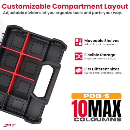 Image of JPT Small Ultra Heavy Duty Tool Organizer Box | Plastic Storage Case with Transparent Lid, 10 Compartments & 6 Removable Dividers | Portable Screws & Hardware Organiser