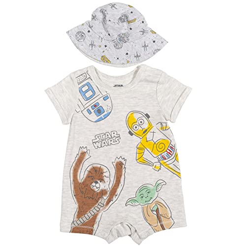 Image of STAR WARS The Mandalorian Grogu Yoda R2-D2 Chewbacca C-3PO Baby Romper and Bucket Sun Hat Newborn to Infant