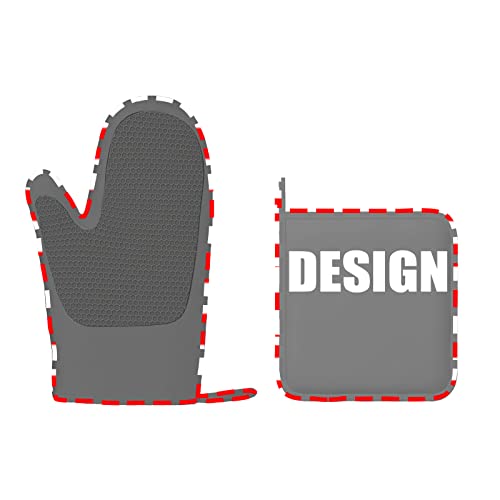 Custom Silicone Oven Mitts (Left Hand) and Pot Holders Set with Pictures Text, Personalized Photo Oven Gloves Hot Pads for Cooking Baking BBQ Decorative Kitchen Gift