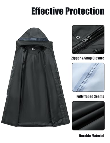Ubon Mens Long Rain Coat Waterproof with Hood, Lightweight Rain Jacket Spring Windbreaker for Travel and Hiking3