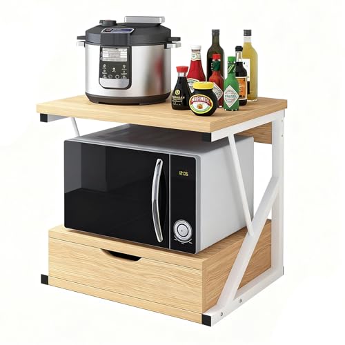 2-Tier Microwave Oven Shelf Stand Standing Bakers Rack Over Microwave Shelf Unit with 1 Drawer Kitchen Countertop Organizer Kitchen Storage Shelf with Wood Top Metal Frame (Walunt)