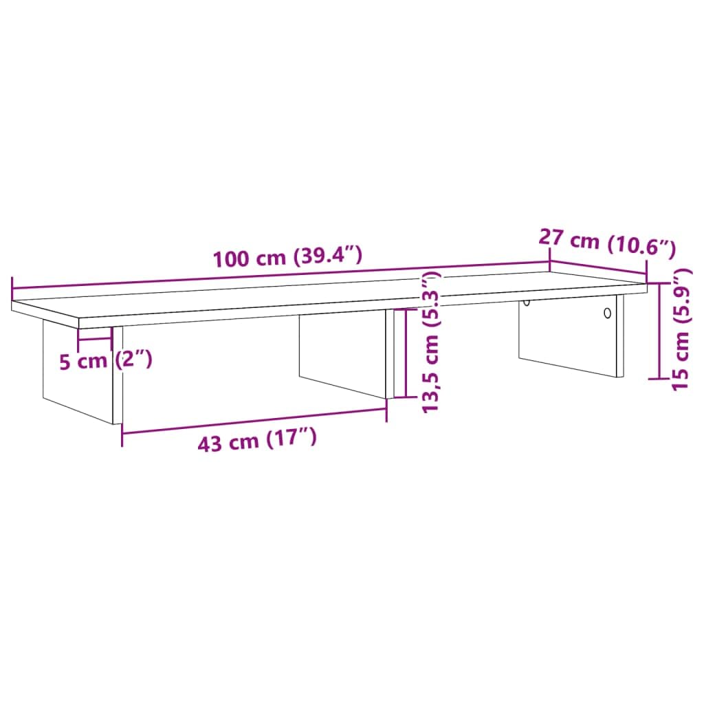 Supporto per monitor in legno grigio cemento, 100 x 27 x 15 cm, supporto per PC con ripiano per due monitor, organizer ergonomico da scrivania per ufficio e home office