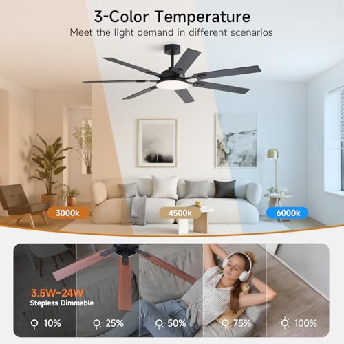 Image of 64 Inch Ceiling Fans with Lights and Remote, Bedroom Living Room Office Library Cafe Outdoor Industrial, 5CCT Dimmable, Dual Color 7 Blades, 6 Speed Reversible Quiet DC Motor, Black /Wood Grain