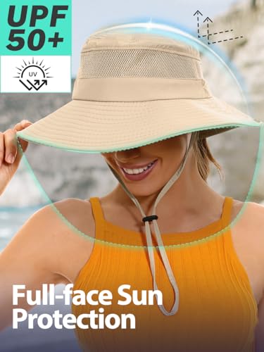 Image of EW East Water Sun Beach Hat for Women, UPF50+ Waterproof with Ponytail Hole | Large Breathable Mesh,3.5 inch Wide Brim, Adjustable Windproof Chin Strap,Quick-Dry, for Hiking Fishing Outdoor Safari