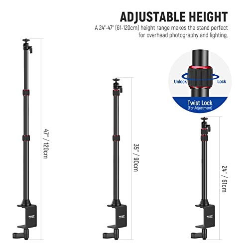 Neewer Camera Desk Mount Stand With Two Auxiliary Holding Arms, Overhead Camera Mount Tabletop C Clamp 360° Swivel Ball Head For Dslr, Webcam, Photography, Videography, Live Streams, Zoom Calls, Red #TOP1