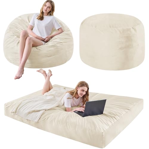 Bean Bag Chairs for Adults - Giant Bean Bag Chair Convertible Bean Bag Bed - Beanbag Chair with Micro Fiber Cover/Furniture Foam Filler - Floor Couch Sofa in Bedroom Dorm Room - Queen Beige