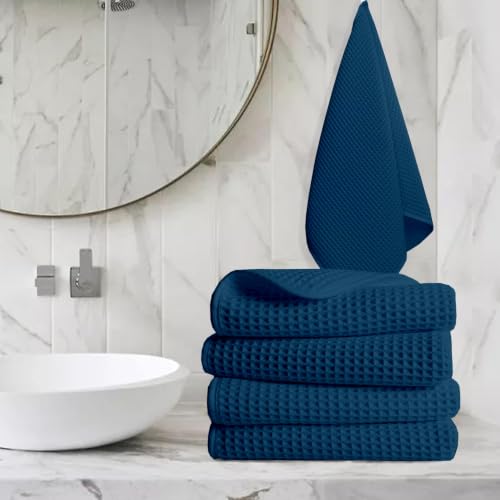 Image of Cotton Rich Waffle Towel | Lightweight | Anti Microbial and Water Absorbent | Soft Touch Quick Drying Hand Towels (Navy Blue, Pack of 4)