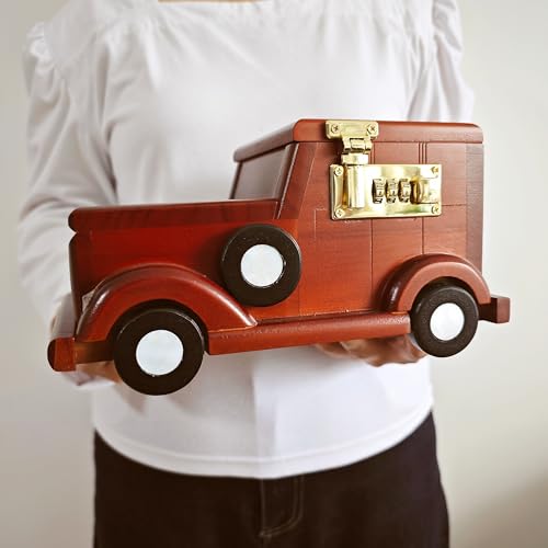 Image of Solid Wood Car Model Piggy Bank Saving Box 9.45''L | Dual Currency Storage | Password Lock Design |Vehicle Collection Desk Cabinet Office Home Decor | Creative Gift Collectible
