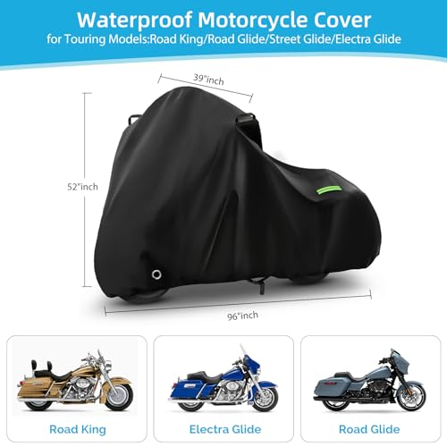 Image of Motorcycle Cover Waterproof for Touring Models Road King /Road Glide /Street Glide /Electra Glide, Heavy Duty Sun UV Rain Snow Outdoor Protection Motorbike Cover with Soft Cotton Lining & Lock Hole
