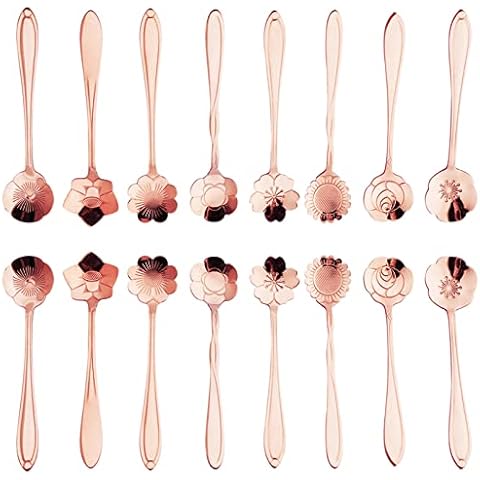 16 Pieces Flower Spoon Coffee Teaspoon Set, PBIEHSR Stainless Steel Tea Spoon Dessert Scoop for Stirring Drink Mixing Milkshake Jam (Rose Gold) Cover
