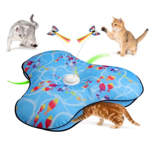 AUYAO Interactive Cat Toy Hide and Seek for Indoor, Moving Concealed Wand Feather, Automatic Cat Toys Play Mat with Feather and Butterfly for Kittens & Adult Cats Enrichment