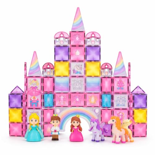 Image of 50 PCS Magnetic Tiles Princess Castle Building Set for Kids | Window Art Magnetic Blocks with Figures & Unicorn | STEM Educational Construction Toy for Girls Boys Age 3+