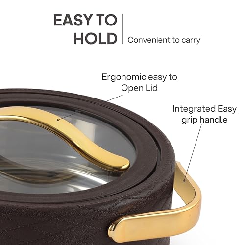 Image of CELLO Velvetto Deluxe 1500 Insulated Casserole Hot Box for Kitchen 1500 ml, Brown | Airtight See Through Lid Hot Pot Case Keeps Food Hot & Warm for Long Hours, Casserole Set for Roti, Rice & Biryani