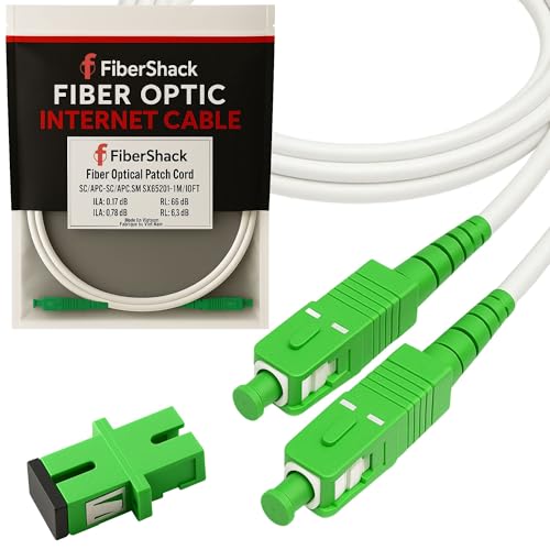 Fibershack White SC/APC Fiber Optic Internet Cable - 15ft, 5M Single Mode, SC/APC Connector, Fiber Patch Cable Extension for Residential Networks