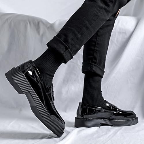 Men's Patent Leather Chunky Heel Business Penny Loafers Retro Square Toe Chunky Platform Non-Slip Slip-On Work Wedding Formal Shoes3