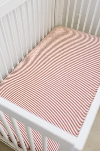 Image of Pink Stripes Muslin Crib Sheet by Mebie Baby, Soft and Breathable Bed Sheets for Babies, Modern Neutral Bedding for Cribs, Standard Crib Mattress Fitted Sheet, Great for Boy or Girl Room