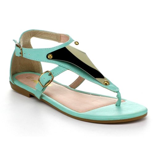 ANNA VITA-11 Women T-Strap Ankle Strappy Metal Acent Flat Gladiator Thong Sandal, Color:MINT, Size:7.5