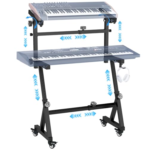 GOFEI Dual Piano Keyboard Stand – Z-Style 2nd Tier with Adjustable Height & Width, Second-Tier Arms, Heavy-Duty Rolling Stand for 54/61/88-Key Digital Keyboards & Synths