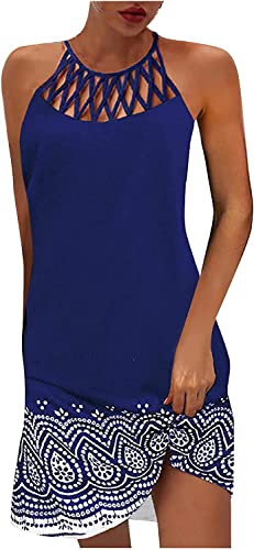 Image of LOVESHOOT Summer Dresses for Women 2026 Casual Floral Hollow Out Halter Neck A-line Sundress for Beach Vacation with Pockets