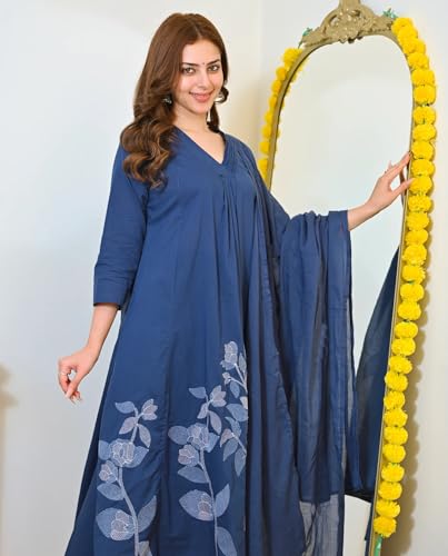 Image of Nermosa Women Solid A-line Kurta and Pant set With Dupatta | Women Kurta Set | Solid Suit | Embroidery Kurta Set |