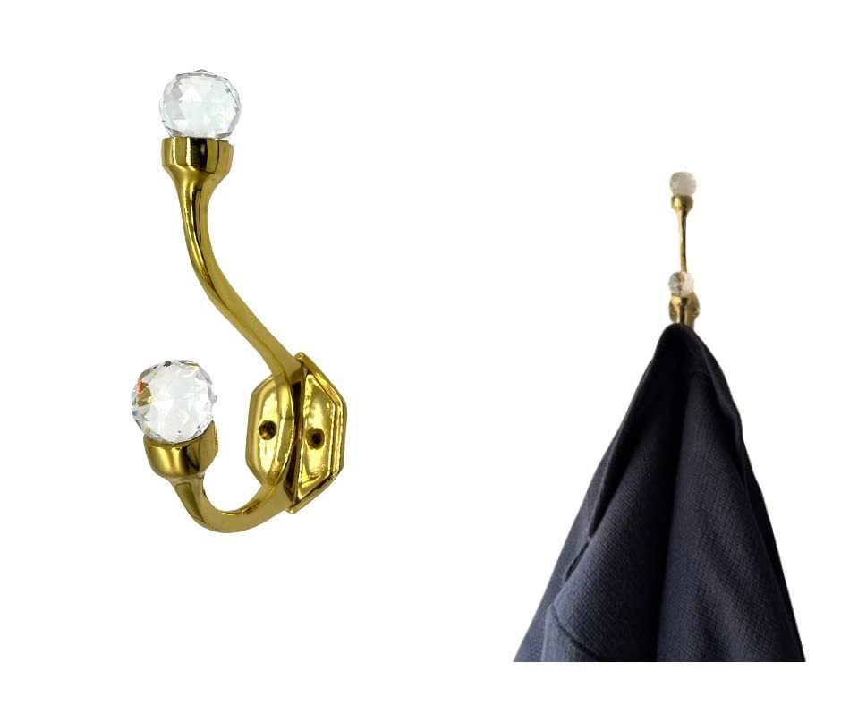 Coat Hooks, Golden Double Brass Crystal Ball Hooks Wall Mounted, Hanging Coats and Towels (Hexagon)
