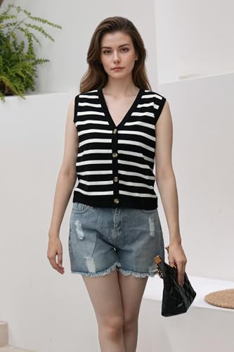 Image of Women's Striped Sweater Vest V-Neck, Fall 2025 Lightweight Cotton 100%, Vintage Button Cardigan Style Layering Staple for Turtlenecks & Jeans 18 Black S
