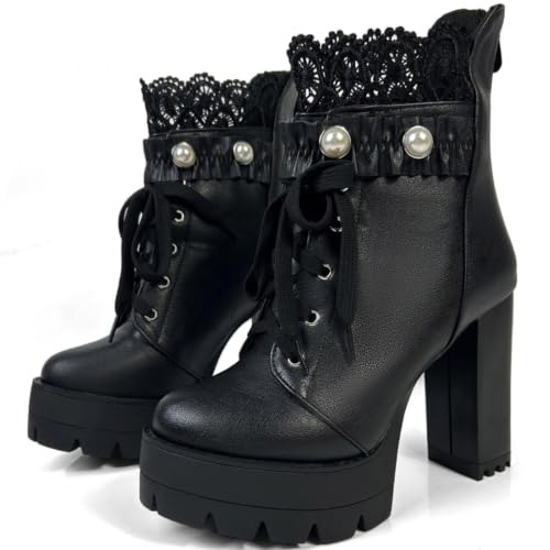 Image of FOREADA Goth Boots Chunky Heel Boot For Women Ankle Combat Booties Black Platform Bootie Buckle Rivets Punk Goth Shoes With Zipper