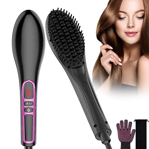 Travel Heat Brush Hair Straightener Hot Brush Straightener for Women Anion Hair Straightener 30S Fast Ceramic Heating Straightening Brush Auto-Off Function Portable for Home, Travel and Salon