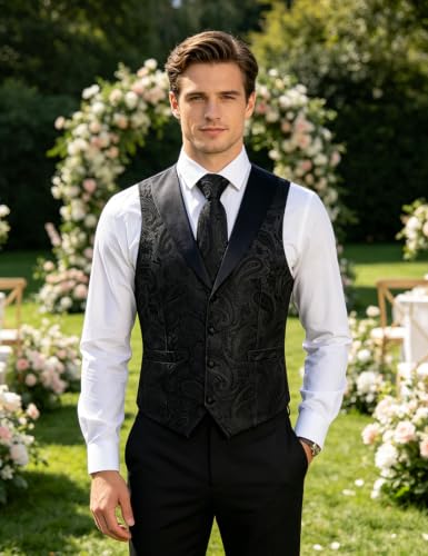 Image of DiBanGu Mens Paisley Suit Vest Silk Jacquard Waistcoat and Necktie Set Formal Shawl Collar Dress Vest 7PCS for Wedding Party