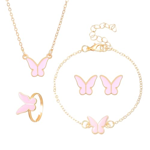 Sisadodo - Butterfly Bracelet, Earring, Necklace & Ring Set - Pink Butterfly Stud Earrings, 5 Pcs Butterfly Necklace Set