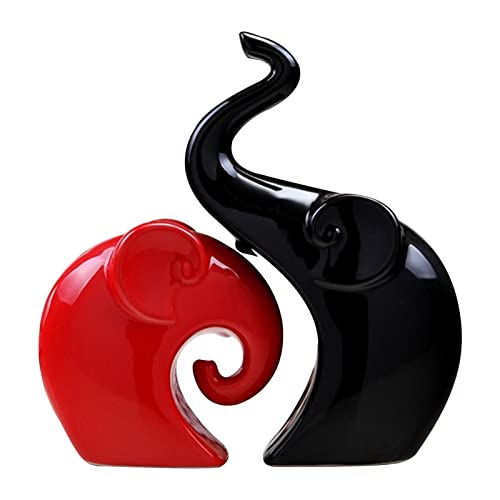 Figura decorativa de pareja de elefantes de cerámica, 22 cm, color negro y rojo, diseño moderno de dos elefantes individuales Cover