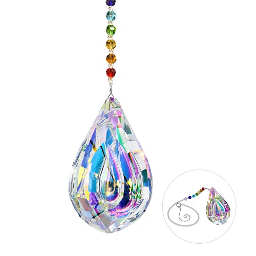 MerryNine Prism, 89mm/3.5" Ab Color K9 Crystal Colorful Lamp Prisms Loquat Shape Chandelier Glass Crystals Hanging Drops Pendants, Sunshine Catcher Prism Pendent with MerryNine Pearl Yarn Gift Sandbag
