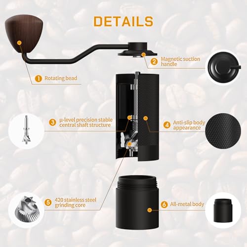 Image of MAVO Manual Coffee Grinder, Wizard Hand Coffee Grinder, Capacity 25g with CNC Stainless Steel Pentagon Conical Burr, Adjustable Setting, Burr Coffee Bean Grinder for French Press, Pour Over Black