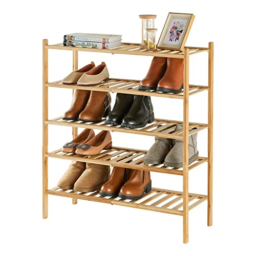 Image of 5-Tier Bamboo Shoe Rack for Entryway, Stackable | Heavy Duty | Multi-Function, Free Standing Shoe Racks for Bedroom Hallway Closet