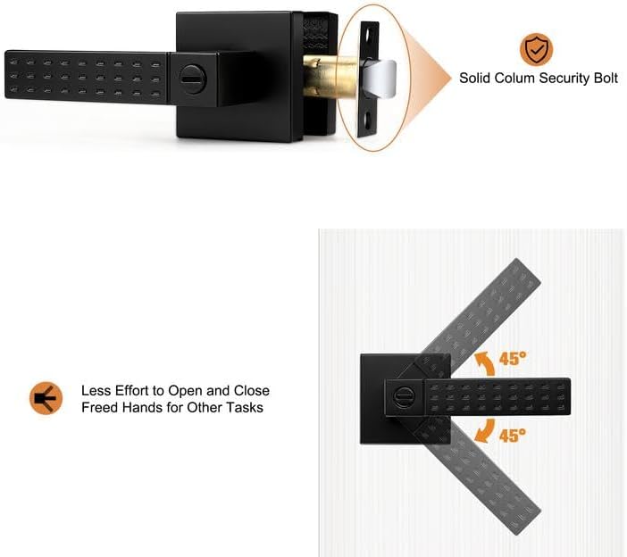 Probrico Privacy Black Door Handle Non-Slip Grip, Heavy Duty Interior Door Handles for Bathroom Bedroom with Lock, Square Knob Lockset for Left and Right Handed Doors 5 Pack