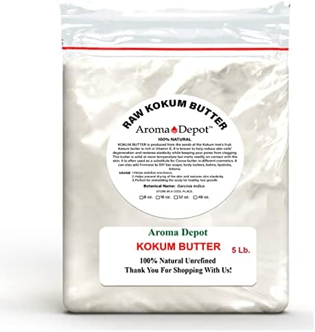 Aroma Depot 5 lb Kokum Butter Raw Unrefined Great for Skin, Body and Hair. 100% Pure I Natural I Cold Pressed I Thickener for Body Butters, Sunscreens, Soaps, Deodorants and Lotions.