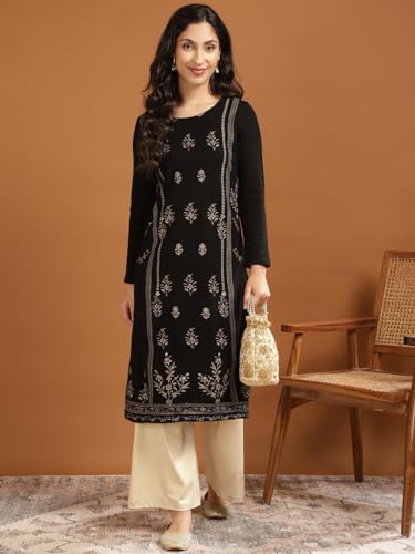 Image of rangita Black Acrylic Calf Length Printed Straight Kurti for Women | Kurta for Women