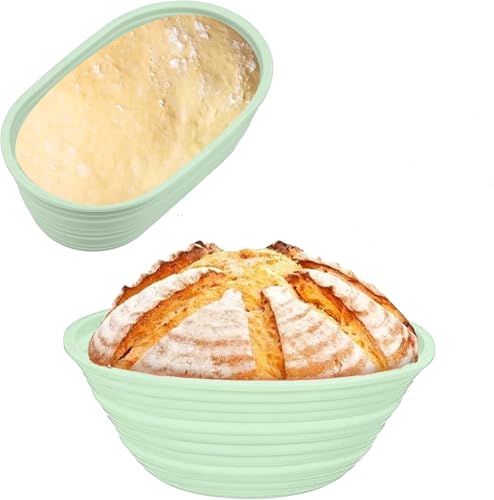 Versatile Banneton Bread Proofing Baskets - Silicone Sourdough Baking Supplies, 9.3" Round & 10.2" Oval Collapsible Baskets (Green)