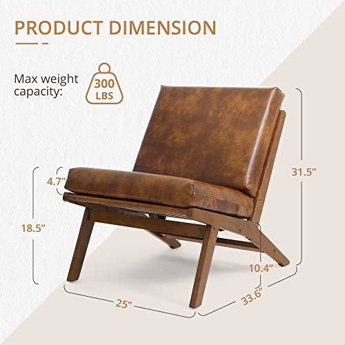 Lue Bona Faux Leather Accent Chairs Set Of 2, Mid Century Modern Chair With Rubber Wood Frame, Thicker Seat Cushion, Comfy Brown Armless Chairs For Reading, Living Room, Bedroom, Deck, Office #TOP1