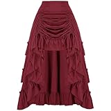 Xiaojmake Women Medieval Renaissance Dress Ruffled Pirate Skirt High Low Steampunk Gothic Maxi Skirts Victorian Ruffled Skirt Wine