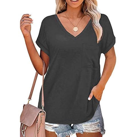 Ladybranch Women's Short Sleeve V-Neck Shirts Loose Casual Tee T-Shirt with Pocket(X-Large,Dark Gray) Cover