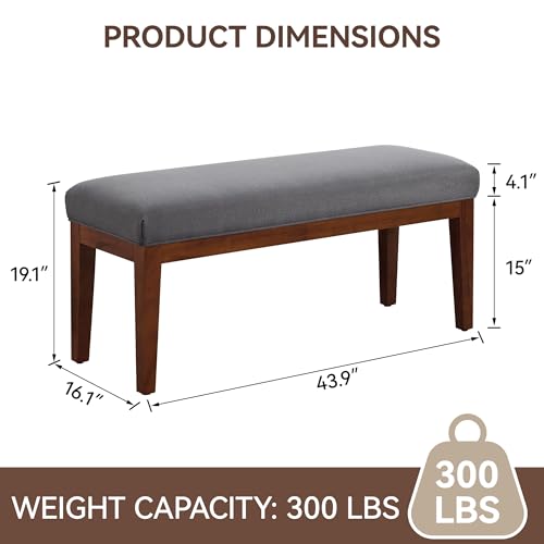 Image of WUTUTUEE 43.5'' Linen Bedroom Bench, Upholstered End of Bed Bench, Padded Vintage Dining Bench, Entryway Bench with Solid Wood Legs, Kitchen, Living Room, Hallway, Dark Grey