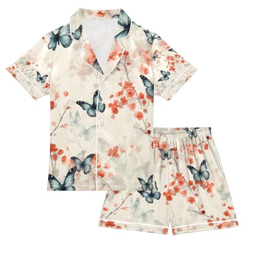 senya Many Butterflies Fly Satin Summer Pajama Sets Silk Short Sleeve Button Down Sleepwear