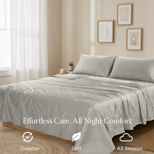 Image of Threadmill 300TC Cotton Queen Sheet Set, Sateen, Jacquard, Light Grey | 100% Cotton, Sateen Weave, Jacquard Pattern, 4-Piece Set, 16 inch Deep Pocket, Cooling, OEKO-TEX Certified, Machine Washable