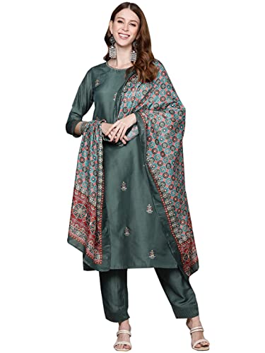 Image of anubhutee Women's Muslin Green Floral Embroidered Straight Kurta Suit Set With Pants And Dupatta