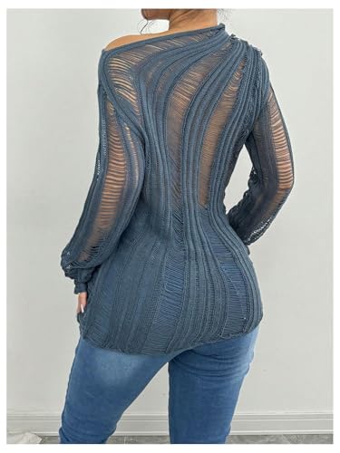 SweatyRocks Women's One Shoulder Sheer Sweater Long Sleeve Hollow Out Asymmetrical Neck Pullover Tops2